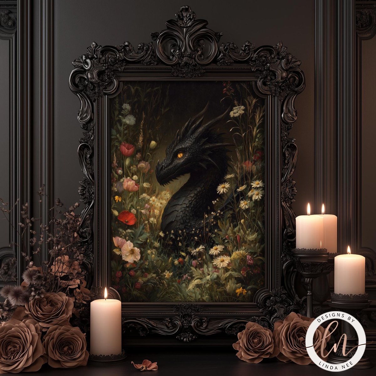 a framed painting of a black dragon surrounded by flowers and candles, creating a serene and mystical atmosphere.