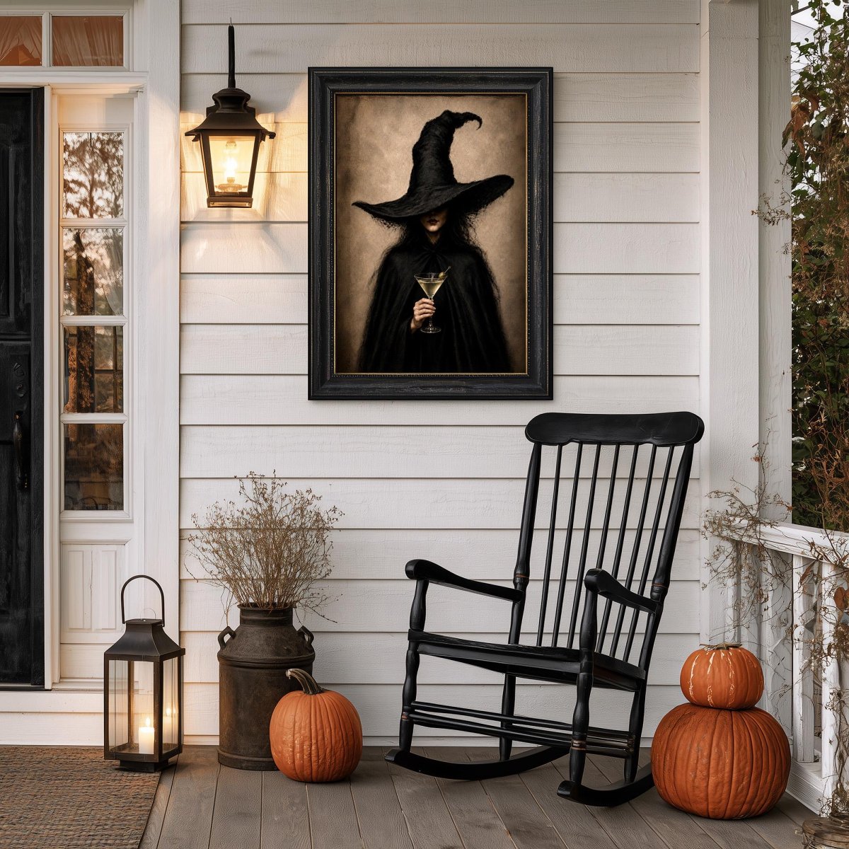 Halloween porch styling with a rocking chair, two pumpkins, and the witch portrait print