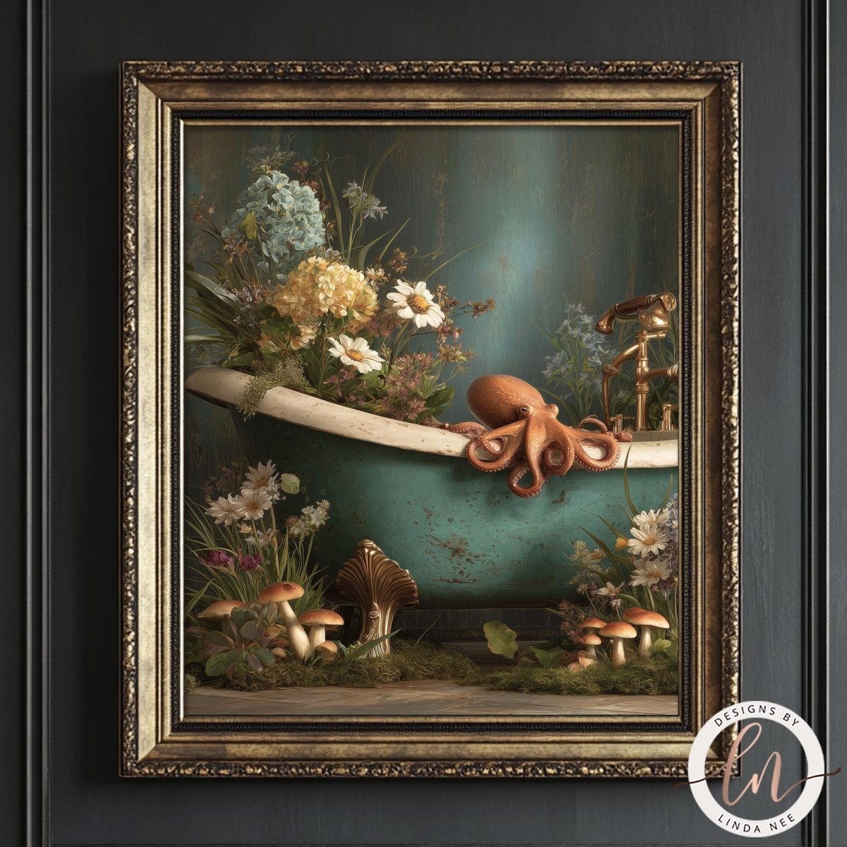 A framed painting depicting an orange octopus sitting in a bathtub filled with flowers and mushrooms, set against a dark background.