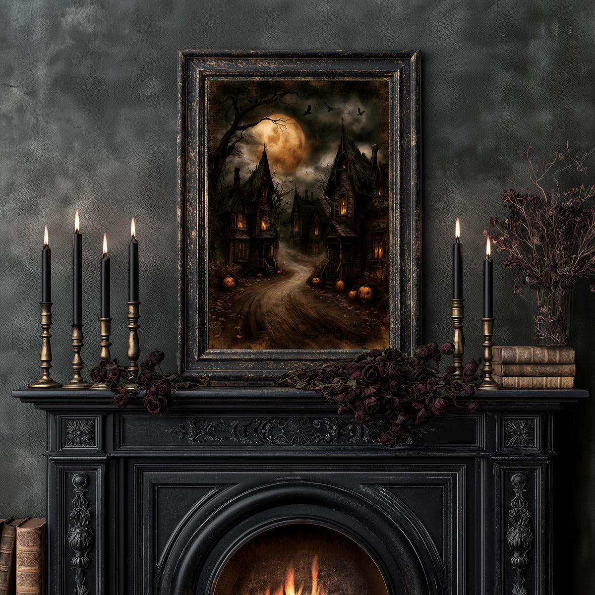 Gothic village artwork above a fireplace lined with tapered candles