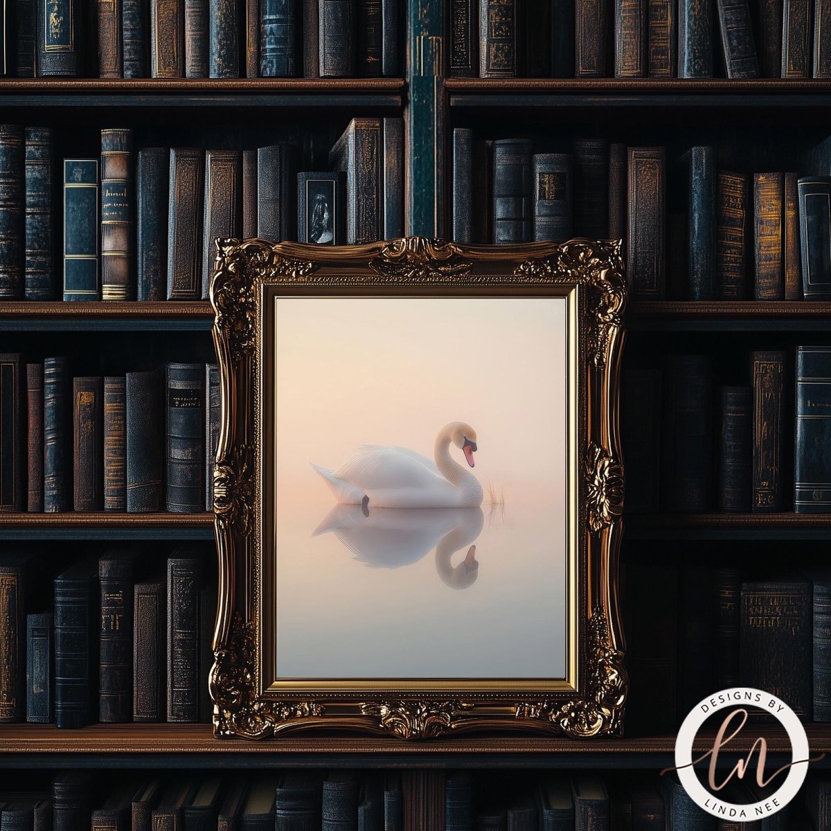 A framed image of a swan floating on a misty surface, surrounded by a bookshelf filled with books.
