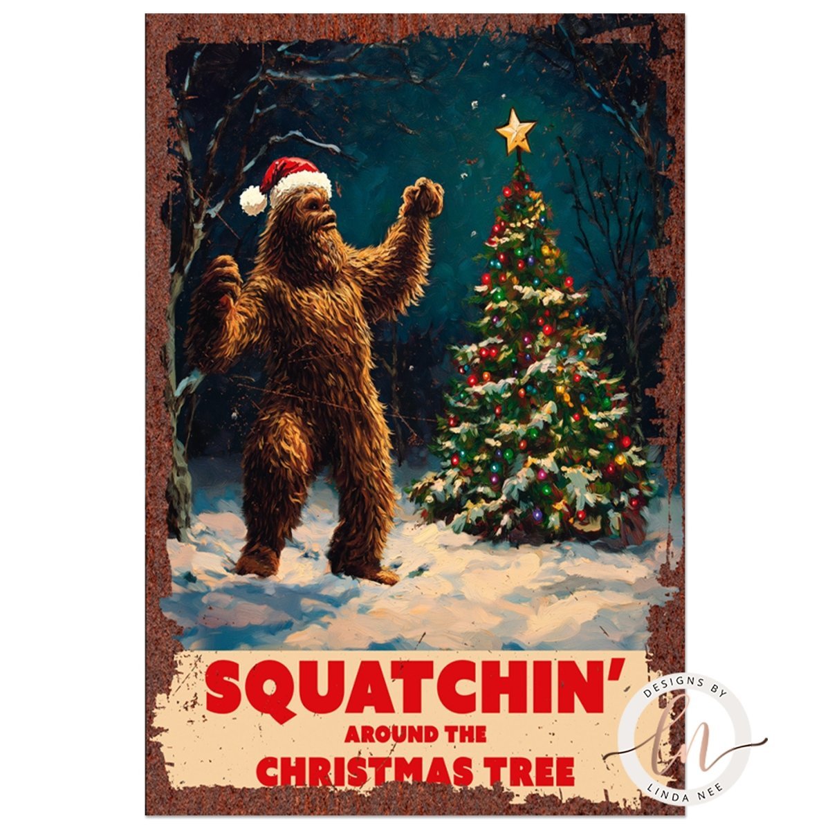Large furry Sasquatch wearing a red Santa hat beside a Christmas tree in a snowy forest
