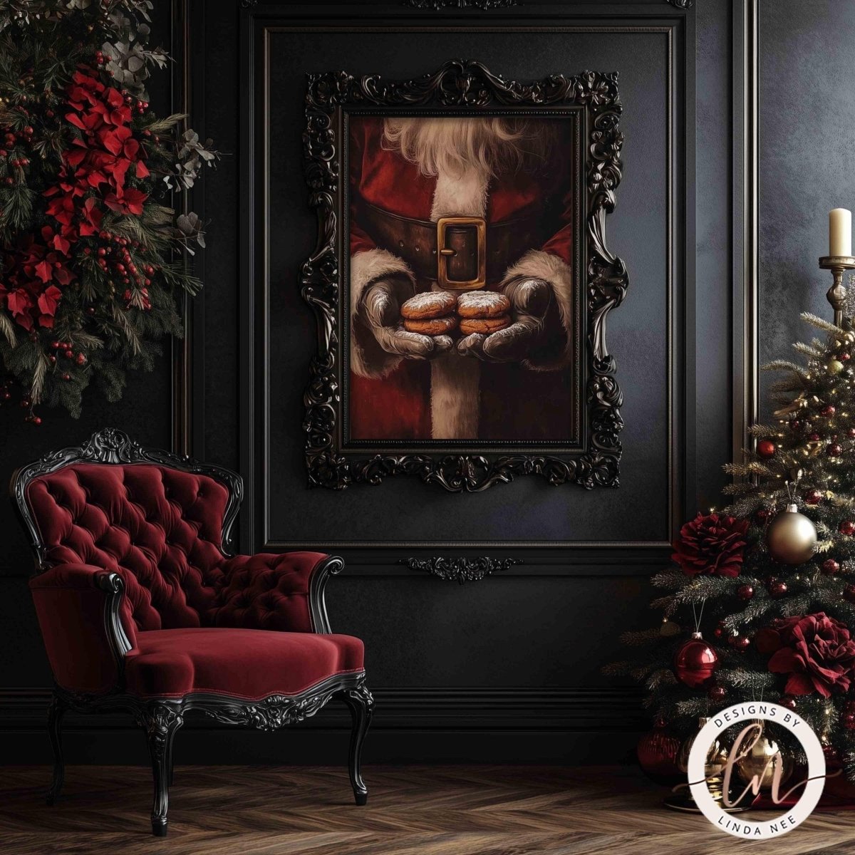 Cookies for Santa print displayed in a room with a red velvet chair