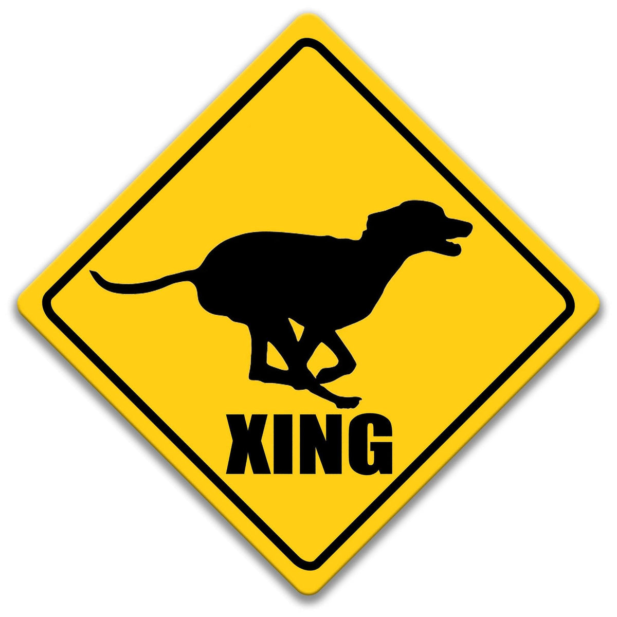 A yellow diamond-shaped sign with a black silhouette of a dog running and the word "XING" below it.