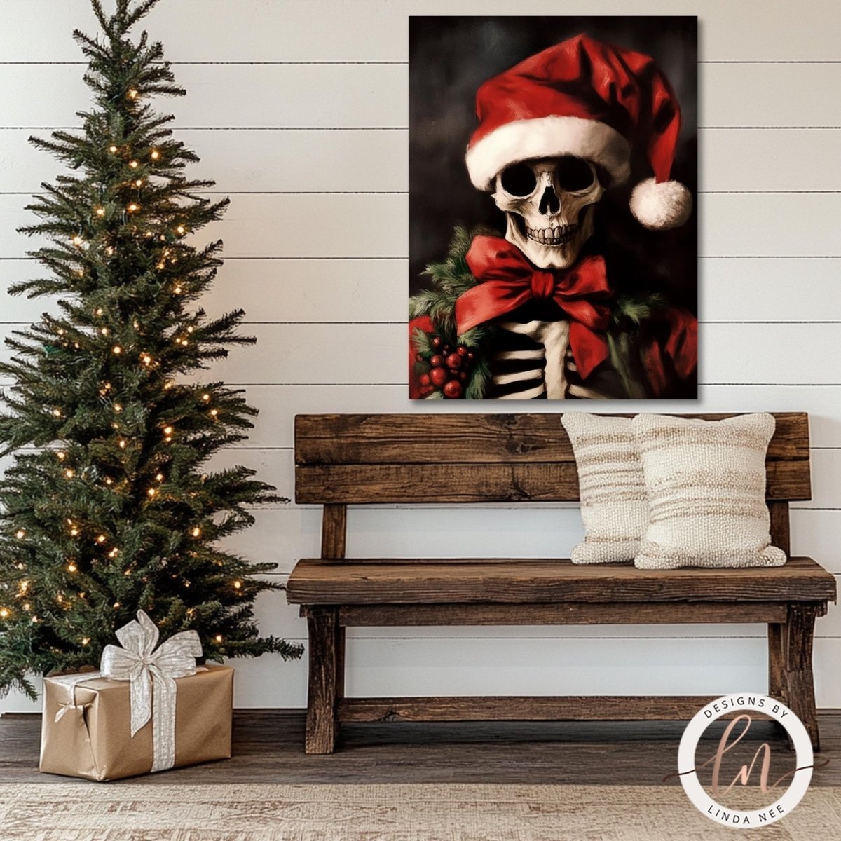 Christmas skeleton wall art above a wooden bench beside a lit tree and gift box
