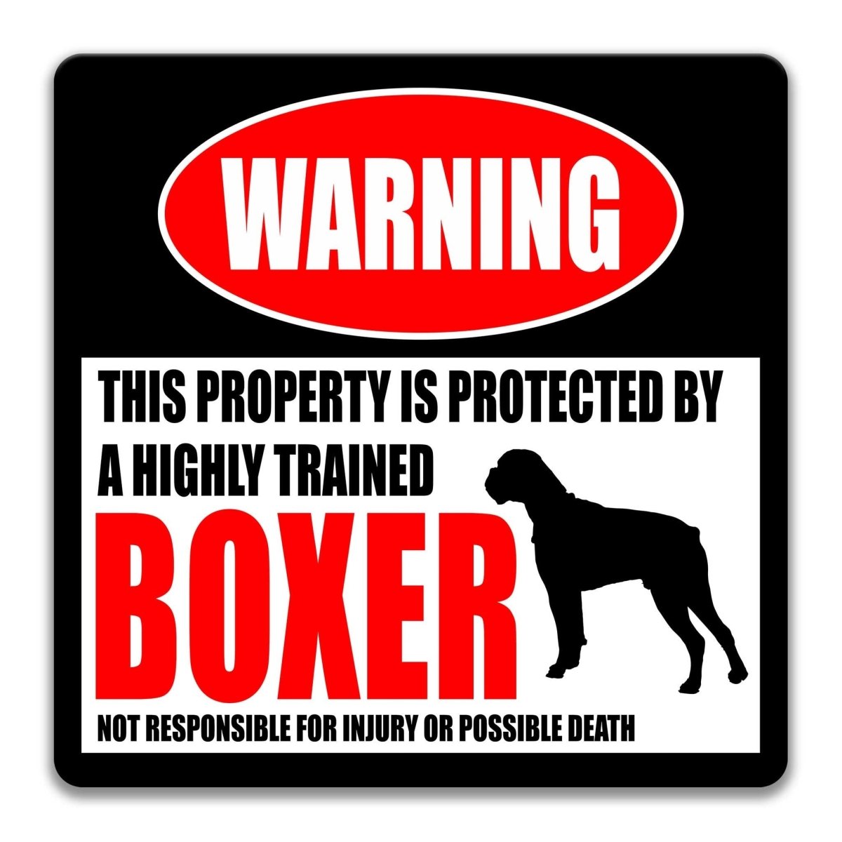 Boxer warning sign, red WARNING banner and large Boxer dog silhouette, funny Boxer lover gift, aluminum with rounded corners