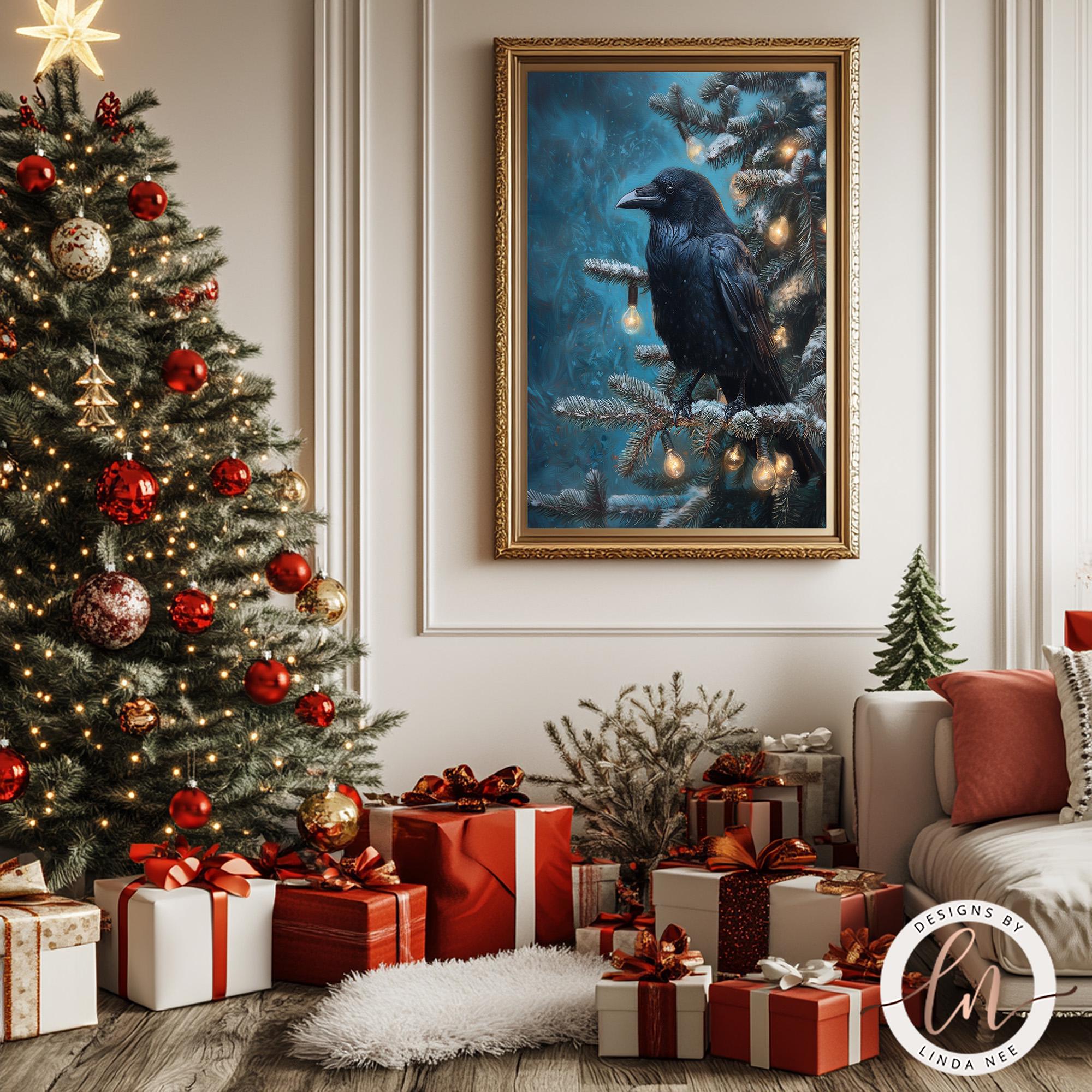 a cozy Christmas scene with a beautifully decorated Christmas tree, a framed painting of a black crow perched on a branch, and a collection of wrapped gifts and presents scattered around the room.