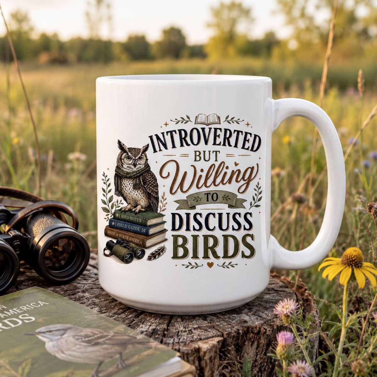 Owl mug on a tree stump in a summer meadow with binoculars, a bird guide and purple and yellow wildflowers