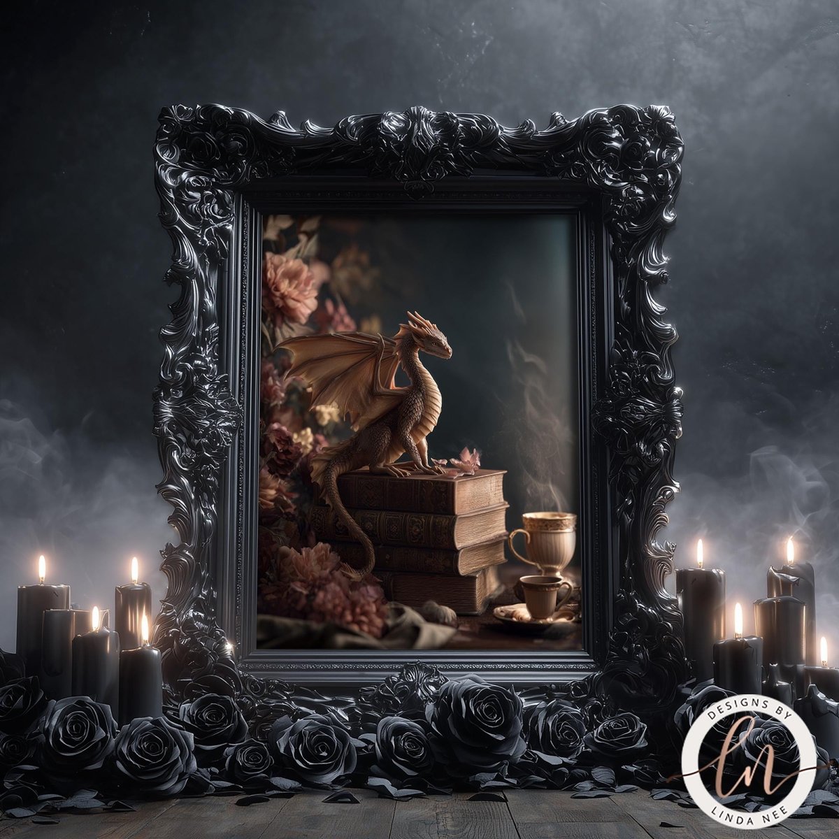 A framed image of a dragon perched on a stack of books, surrounded by candles and flowers, set against a dark, moody background.