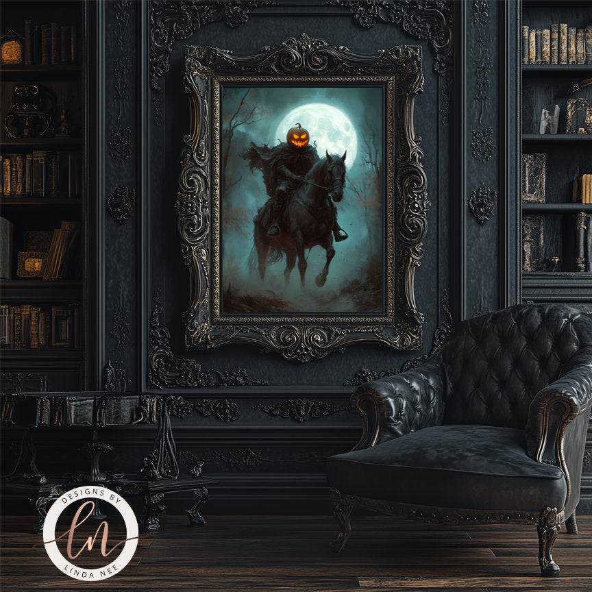 Headless horseman artwork displayed in a gothic room with a leather chair