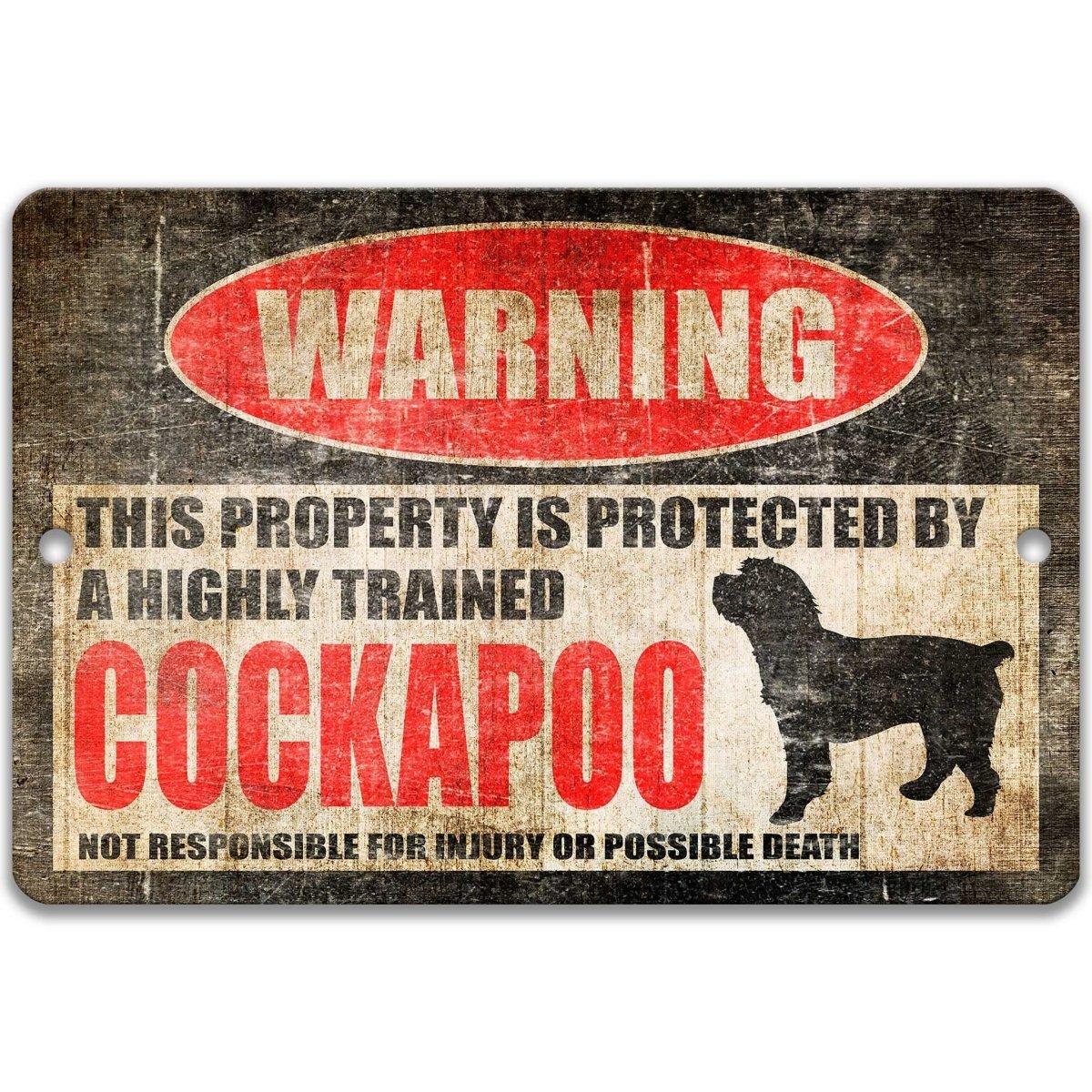 Cockapoo warning sign, red WARNING oval, this property is protected by a highly trained Cockapoo, with Cockapoo dog silhouette