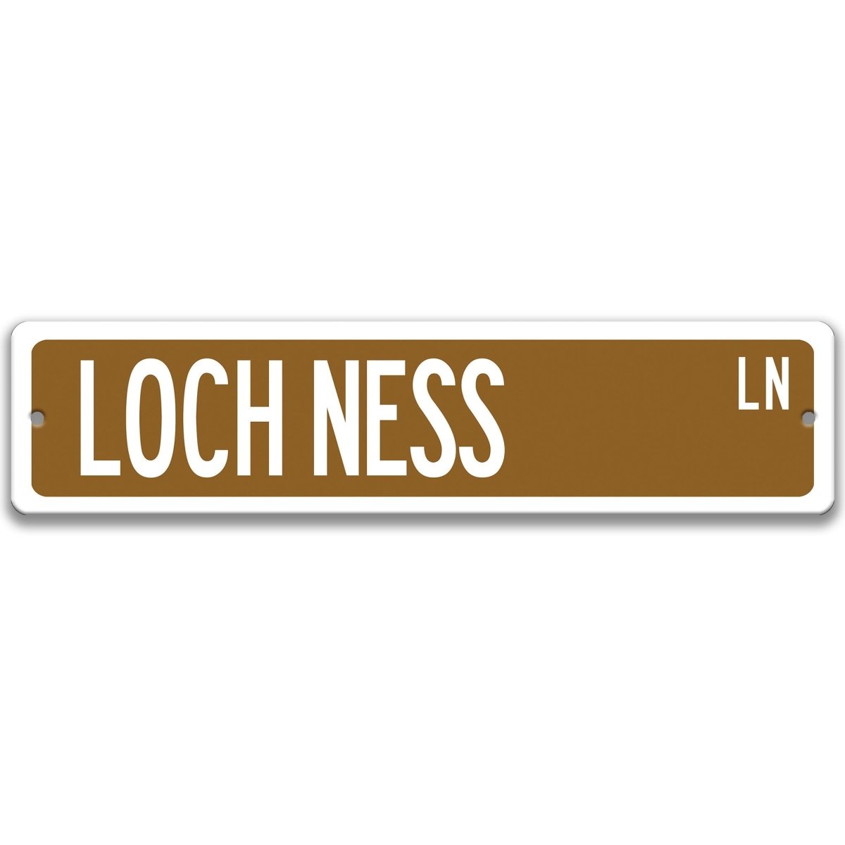 Loch Ness metal street sign with a brown background reading LOCH NESS LN