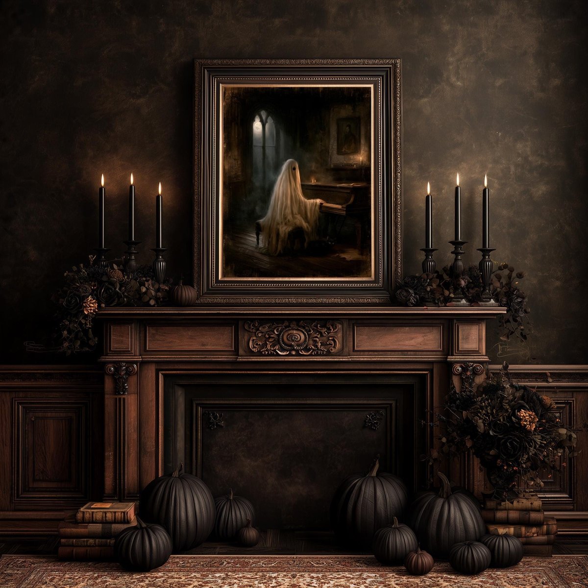 Gothic room with a pumpkin-and-candle fireplace beneath the haunted piano print