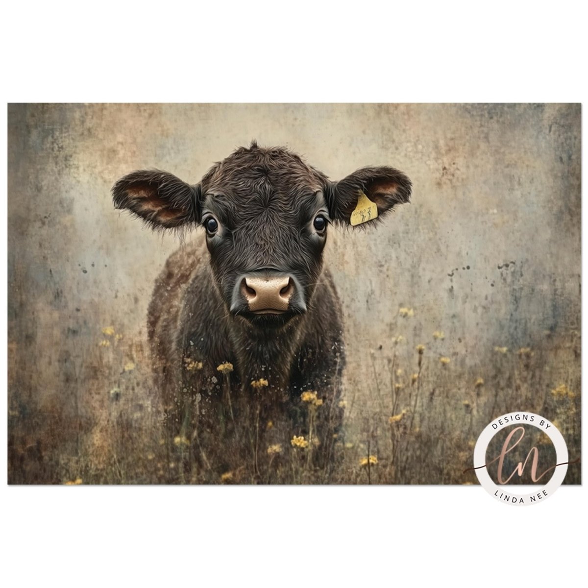 A close-up portrait of a black cow with a yellow tag in its ear, standing in a field of yellow flowers.