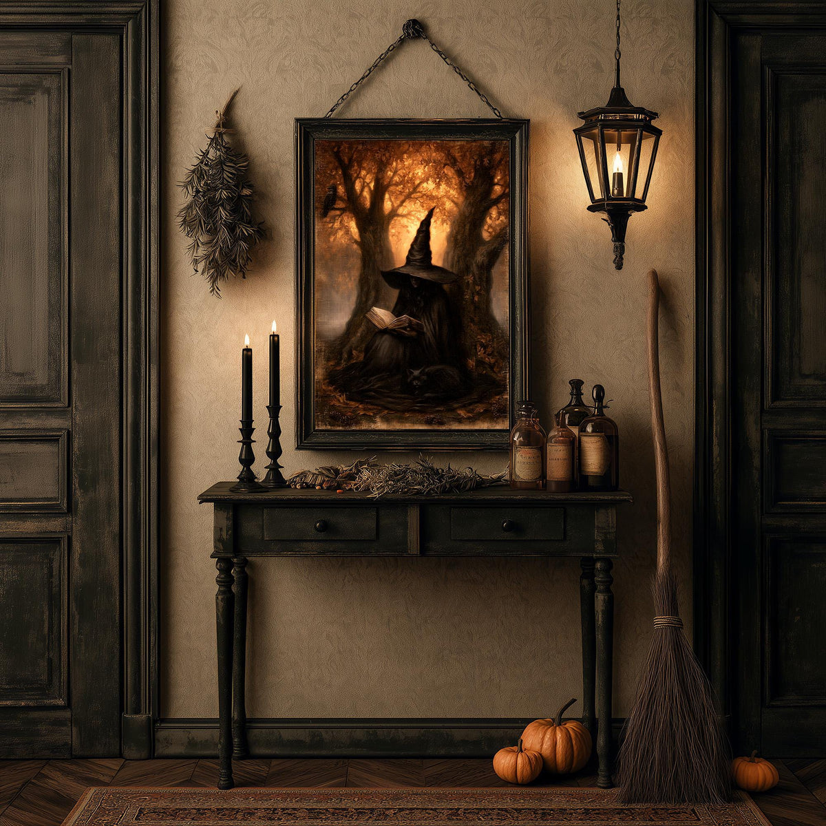 Reading witch wall art above a table of candles, bottles, and small pumpkins
