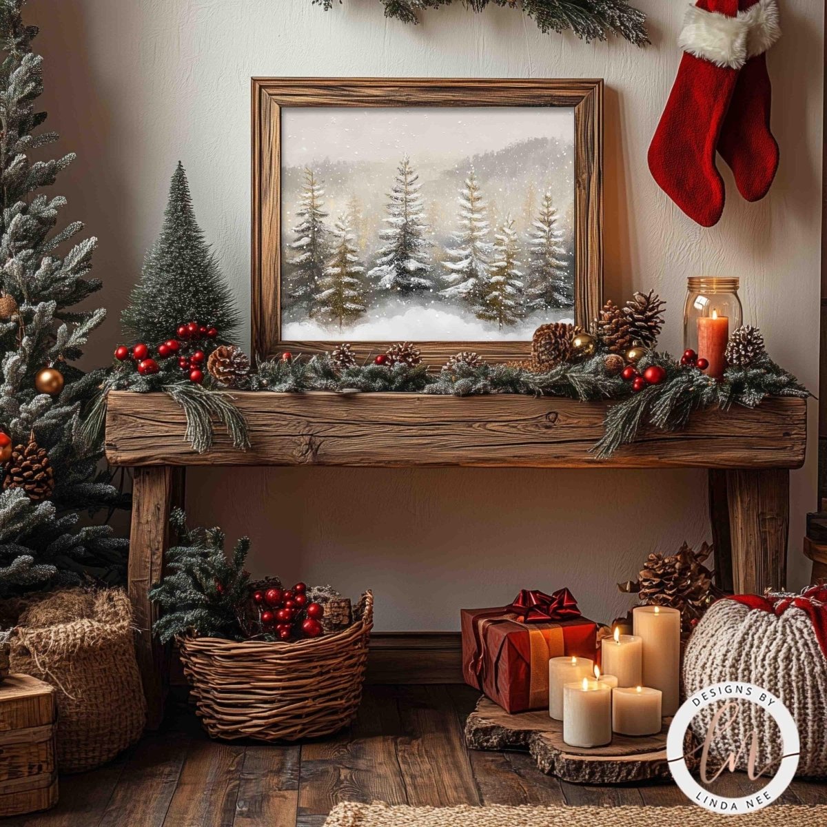 Pine tree wall art styled on a table with berries and wrapped gifts