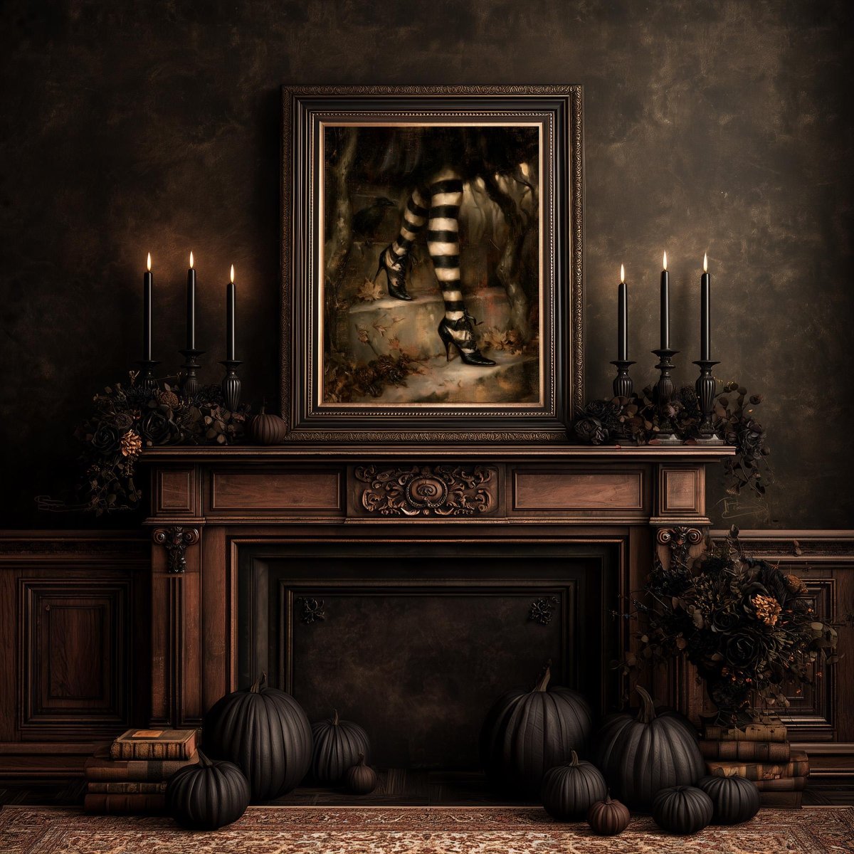Fireplace dressed with pumpkins and candles under the gothic stockings print