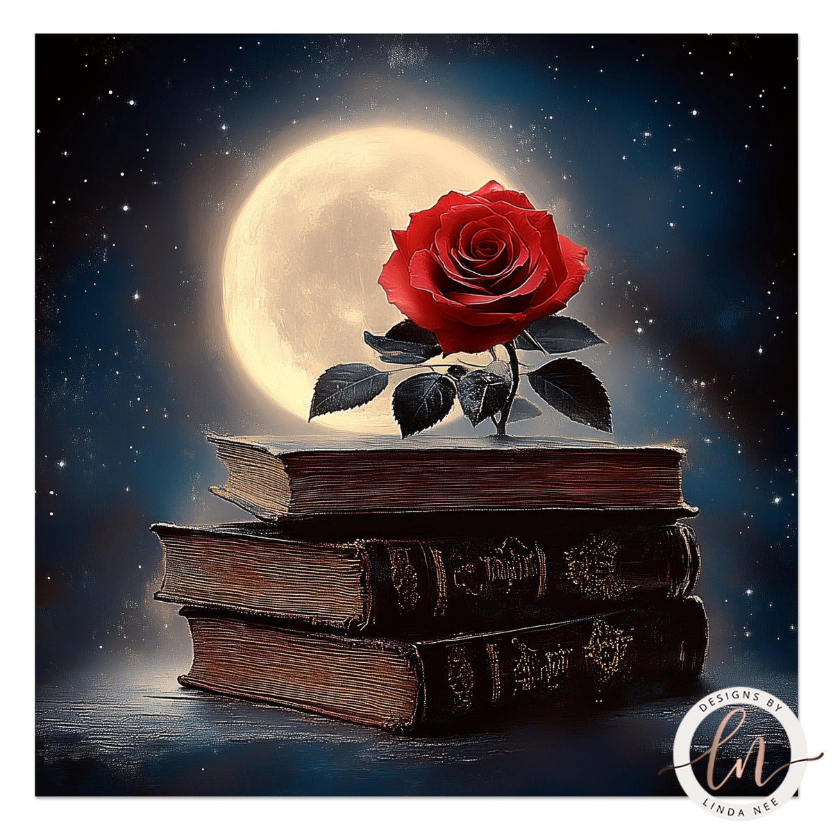 A gothic-style digital illustration featuring a single vibrant red rose with dark leaves resting on a stack of three old, worn books, set against a starry night sky with a large glowing full moon.