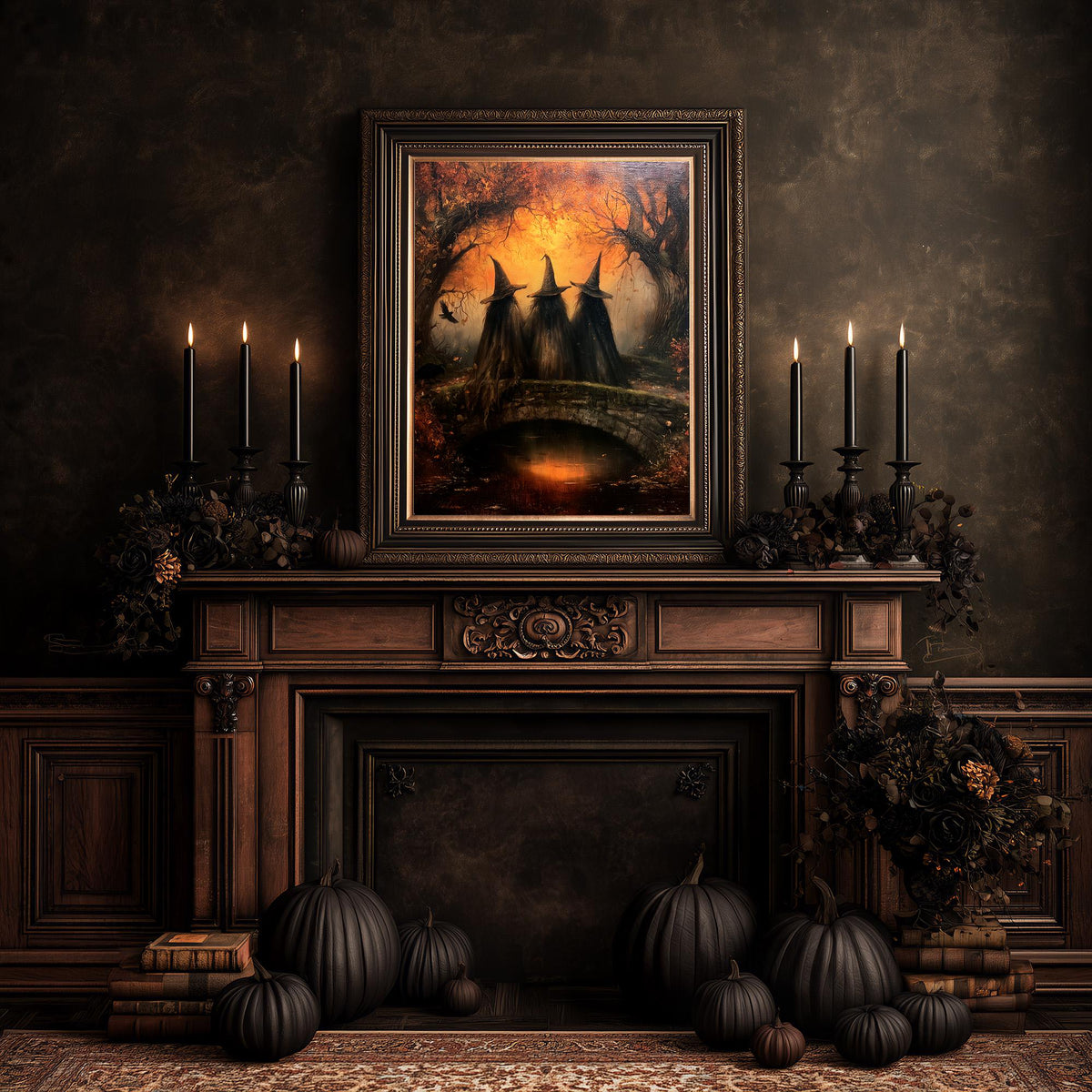Gothic witch coven print above a fireplace dressed with pumpkins and candles