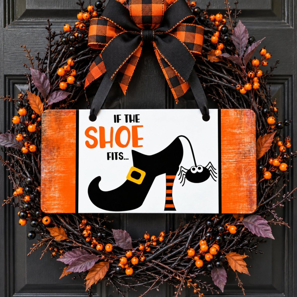Witch Shoe and Spider sign centered in a door wreath