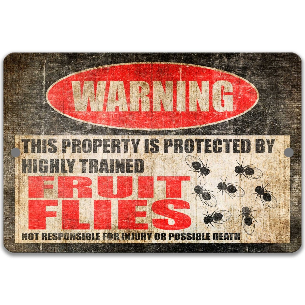 Funny fruit flies warning sign, distressed metal, property protected by highly trained fruit flies, with fly graphics