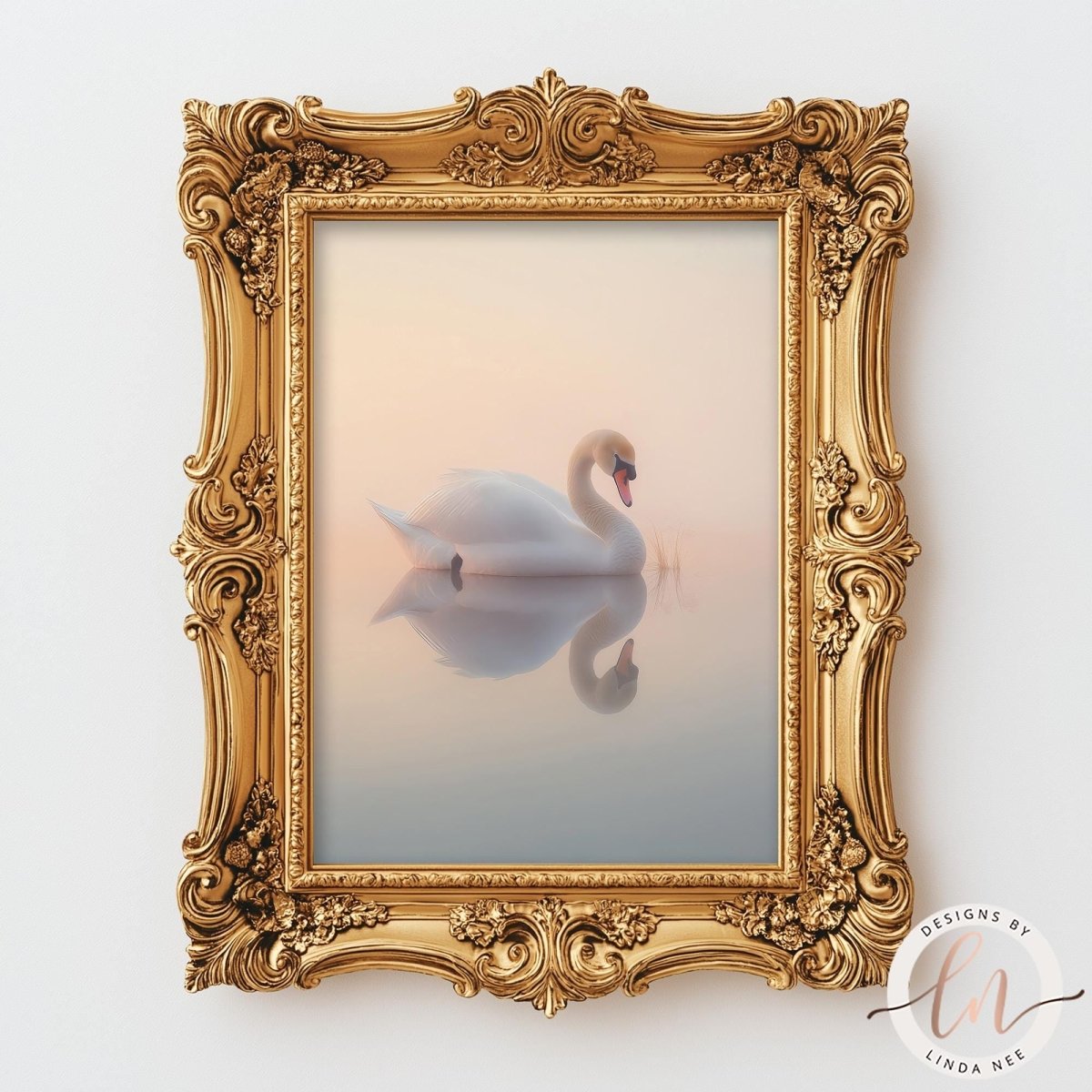 A framed image of a white swan floating on a calm body of water, with a golden ornate frame surrounding the picture.