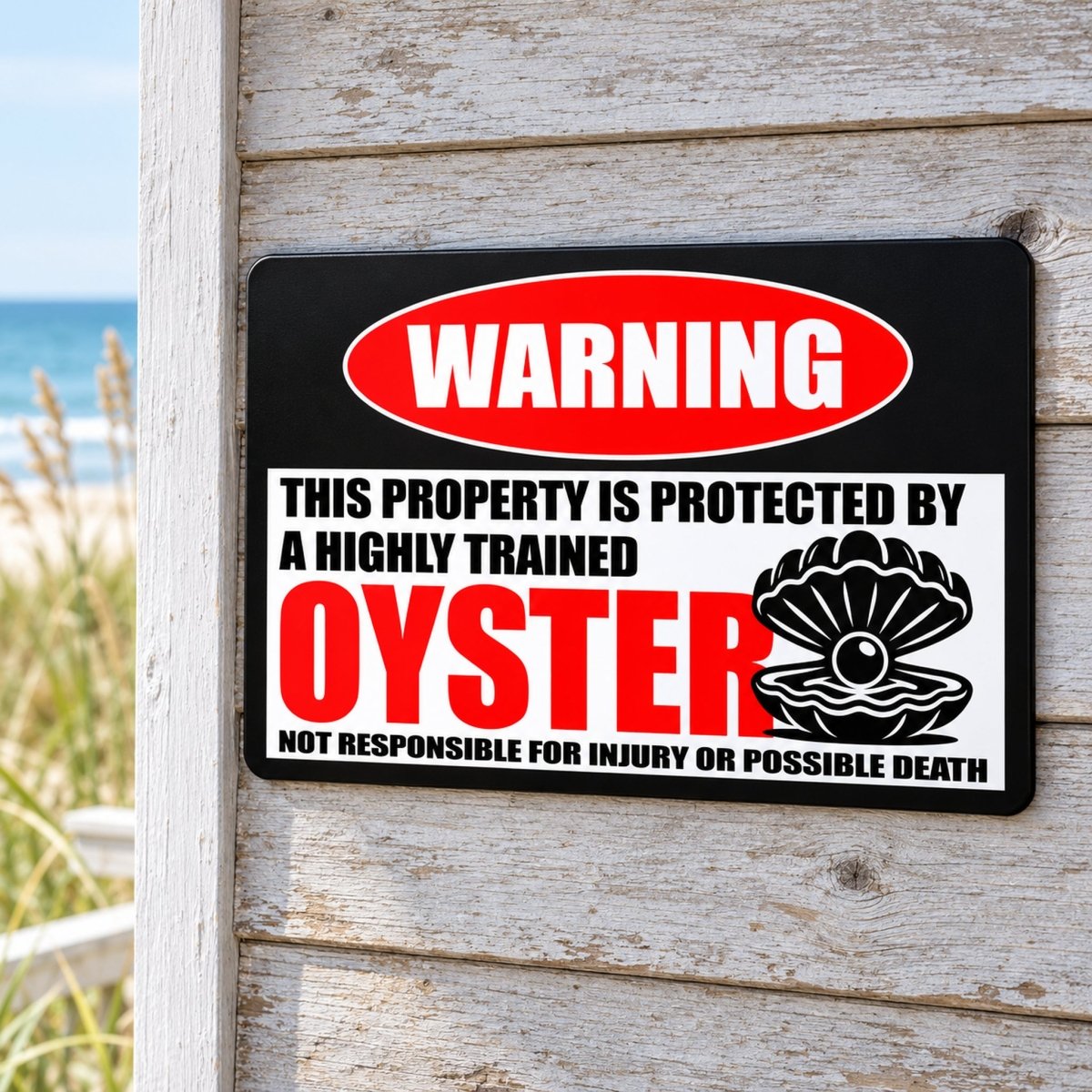 Oyster metal warning sign with a bold WARNING header and the full injury or possible death disclaimer, front view