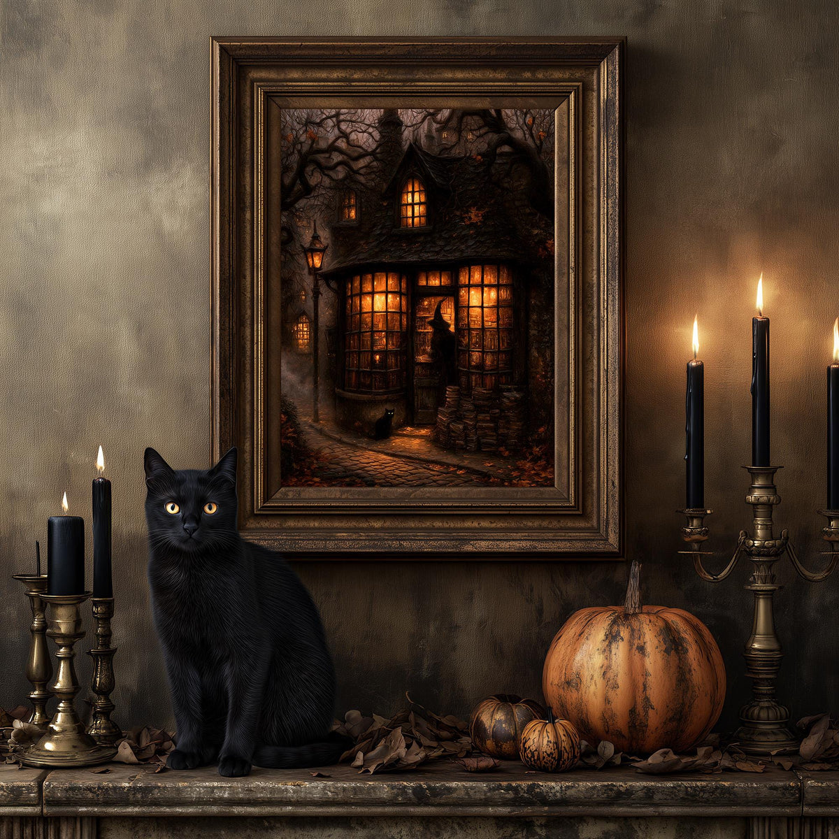 Black cat on a mantel below the witch's bookshop art print and a small pumpkin