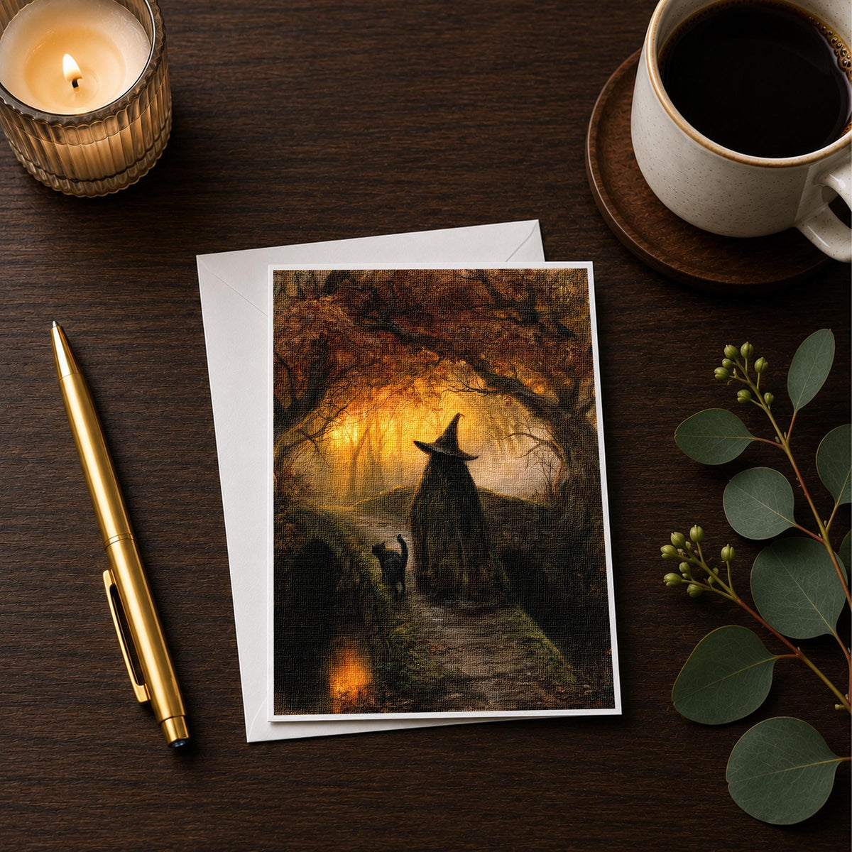 Witch and black cat note card styled on a wooden desk with a candle, a pen and a coffee cup