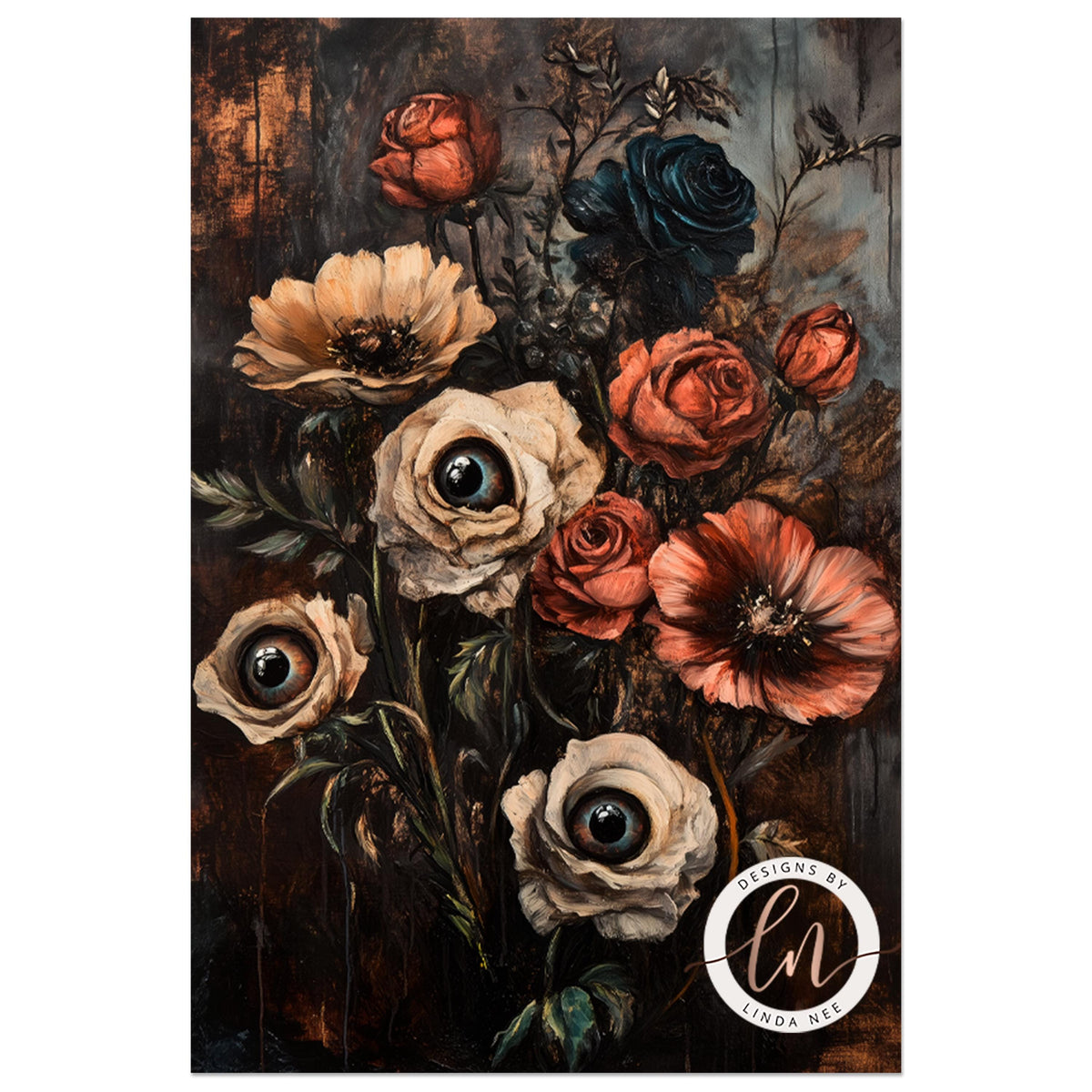 Gothic flower bouquet artwork with vivid colored blooms on dark ground