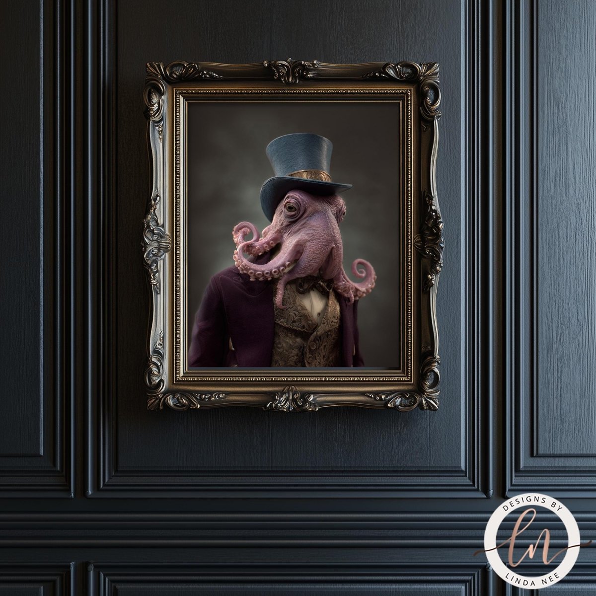 an octopus wearing a top hat and a purple suit, standing in a fancy frame against a dark background.