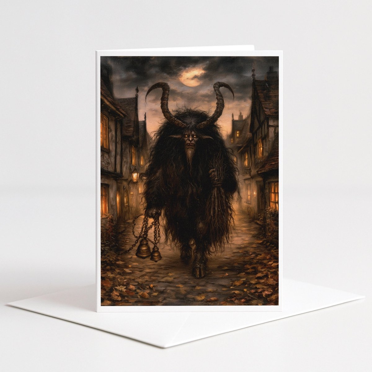 Krampus walking through a misty village under a clouded moon, note card art