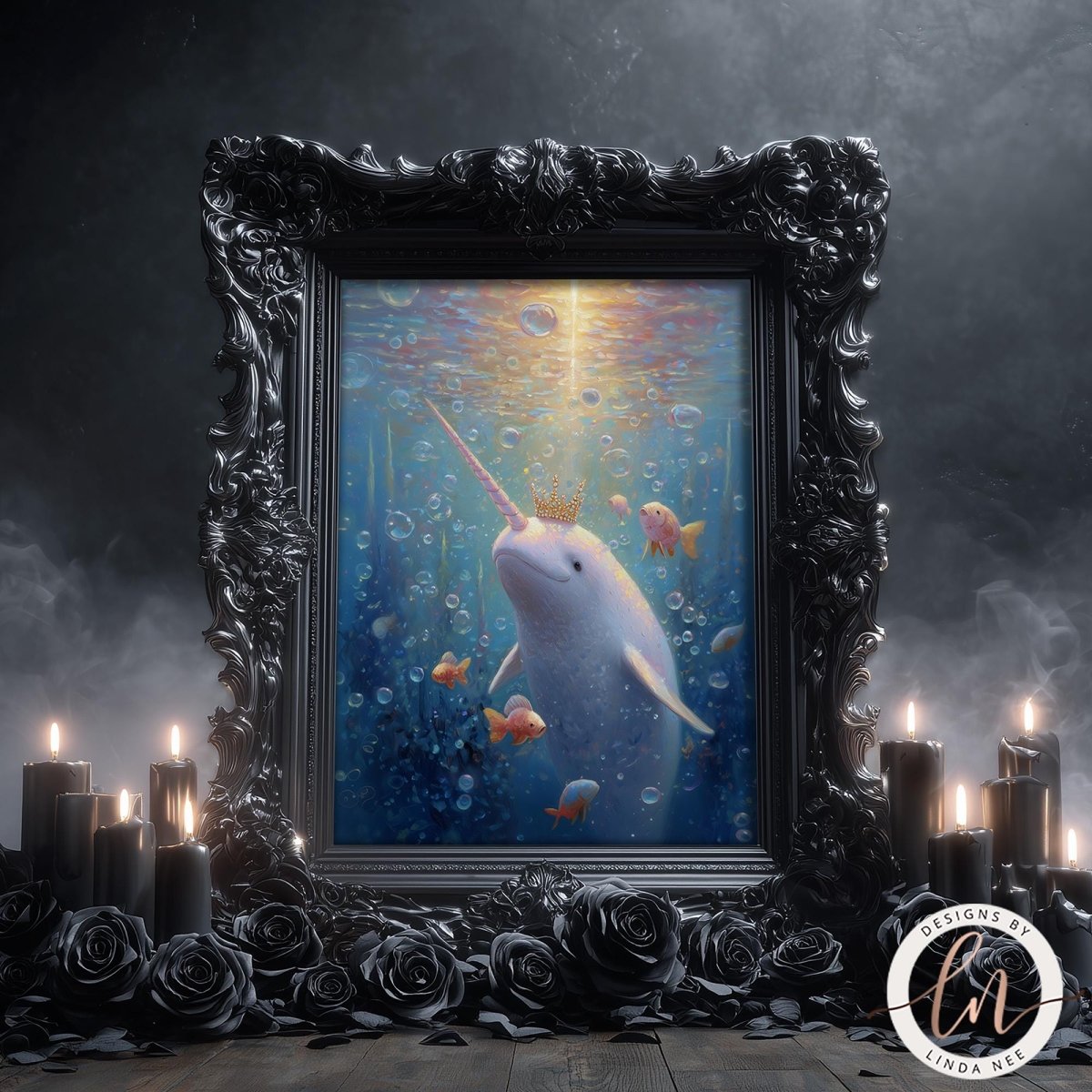 a framed painting of a unicorn swimming underwater, surrounded by bubbles and fish. The painting is displayed in an ornate black frame, and there are candles and roses arranged around the frame, creating a mystical and enchanting atmosphere.