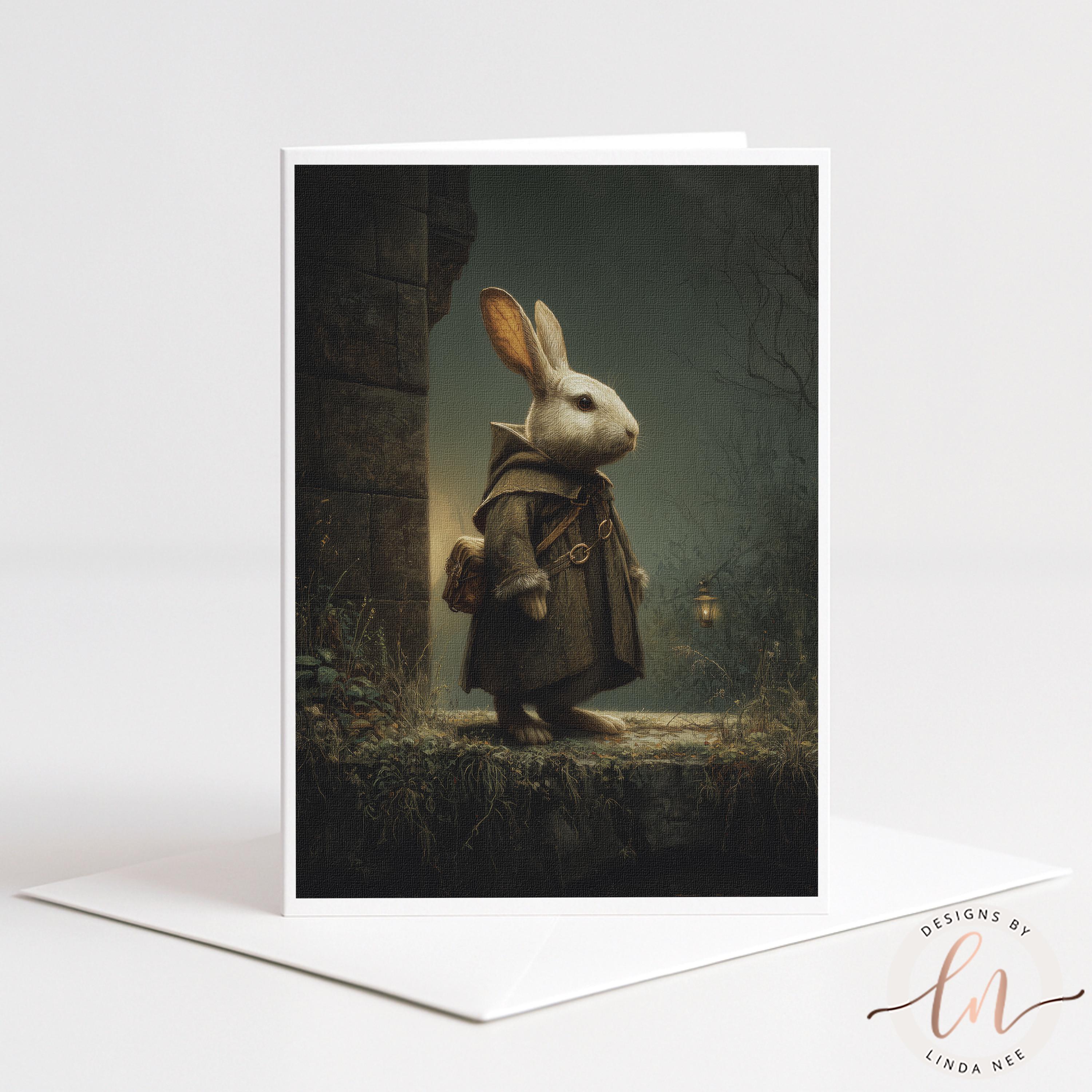A digital illustration of a rabbit wearing a coat and carrying a lantern, standing on a rock in a dark, mysterious setting.