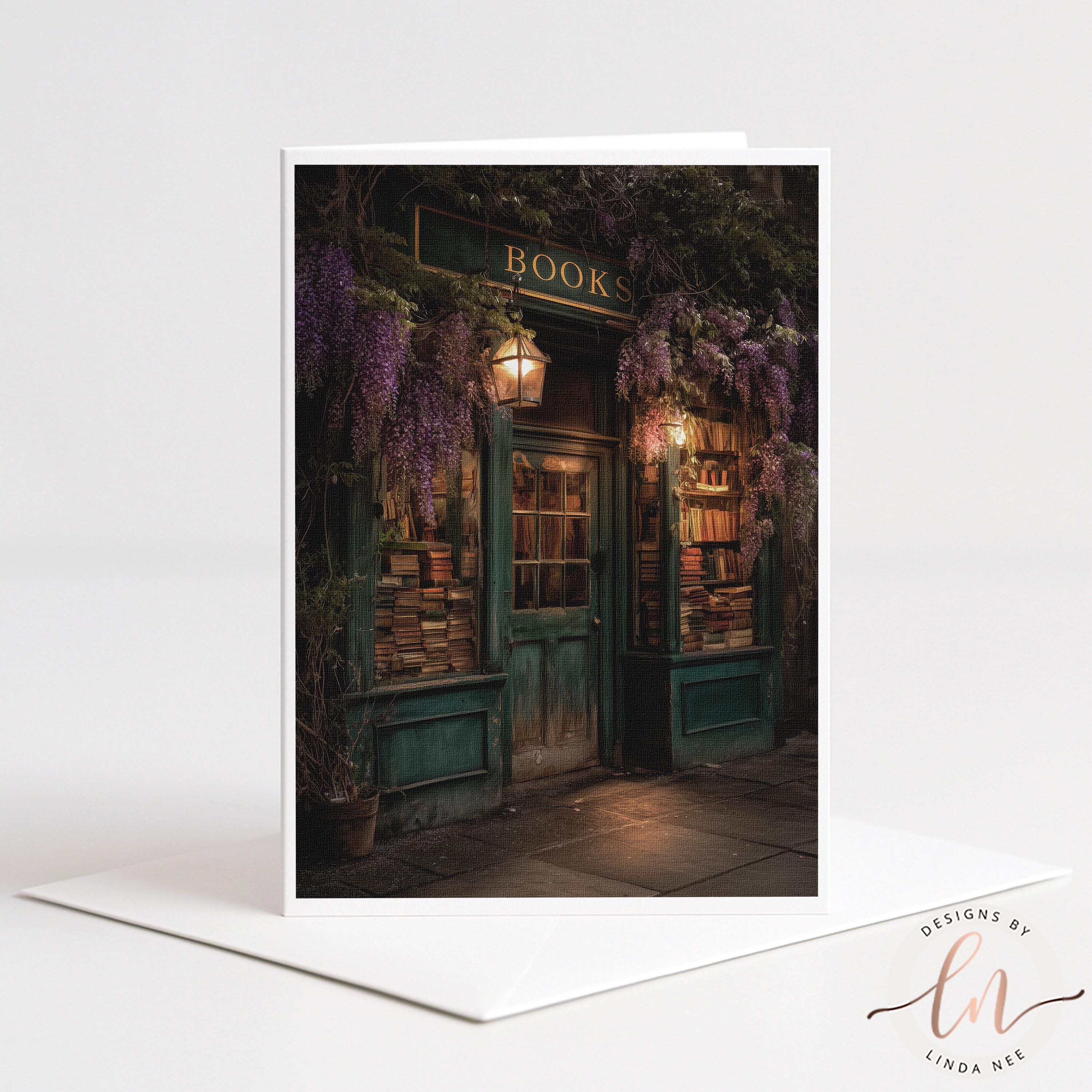 A quaint bookstore with a green door and a sign that reads "BOOKS" is depicted in the image. The store is adorned with purple flowers and has a warm, inviting atmosphere.