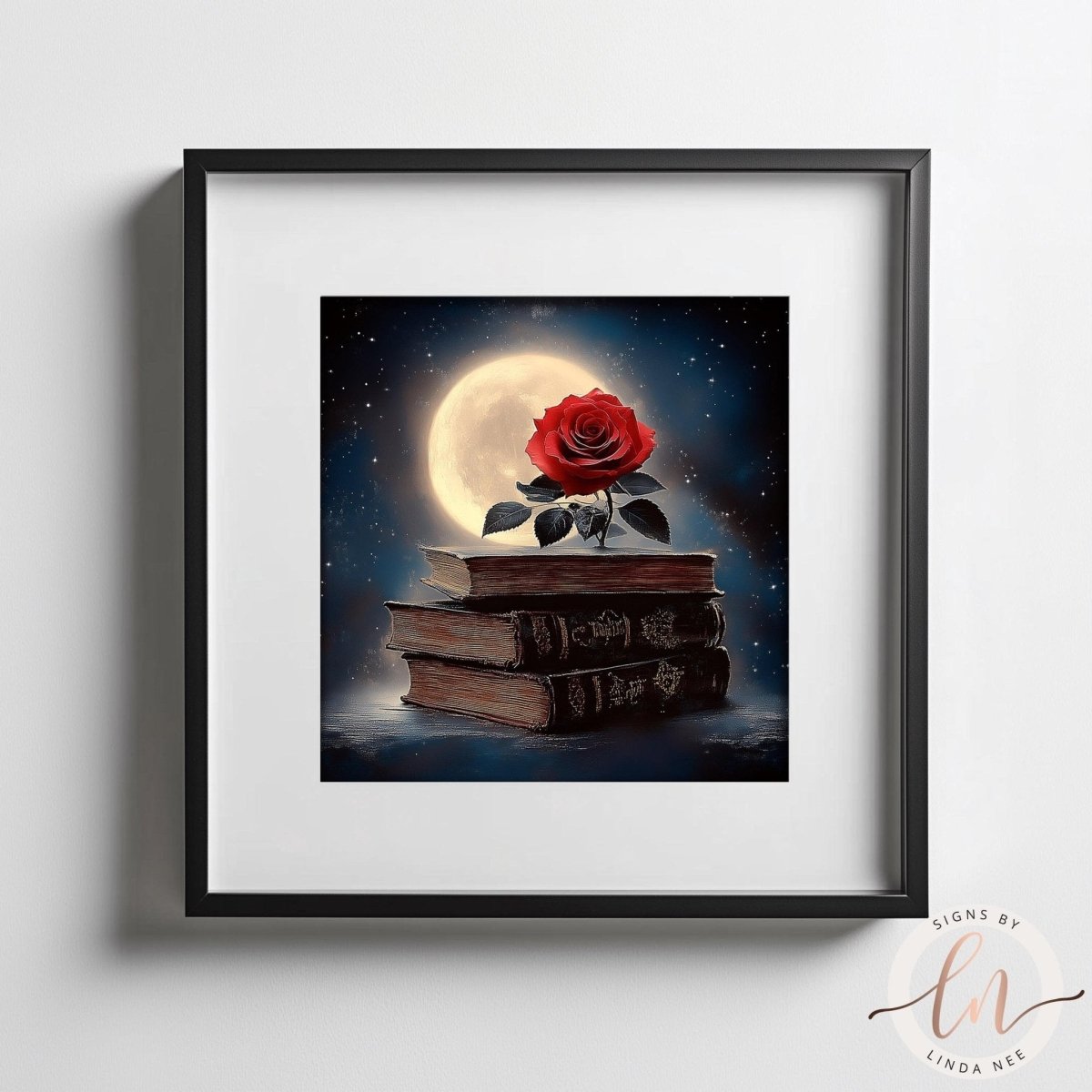 Red rose resting on a stack of old books against a starry night sky