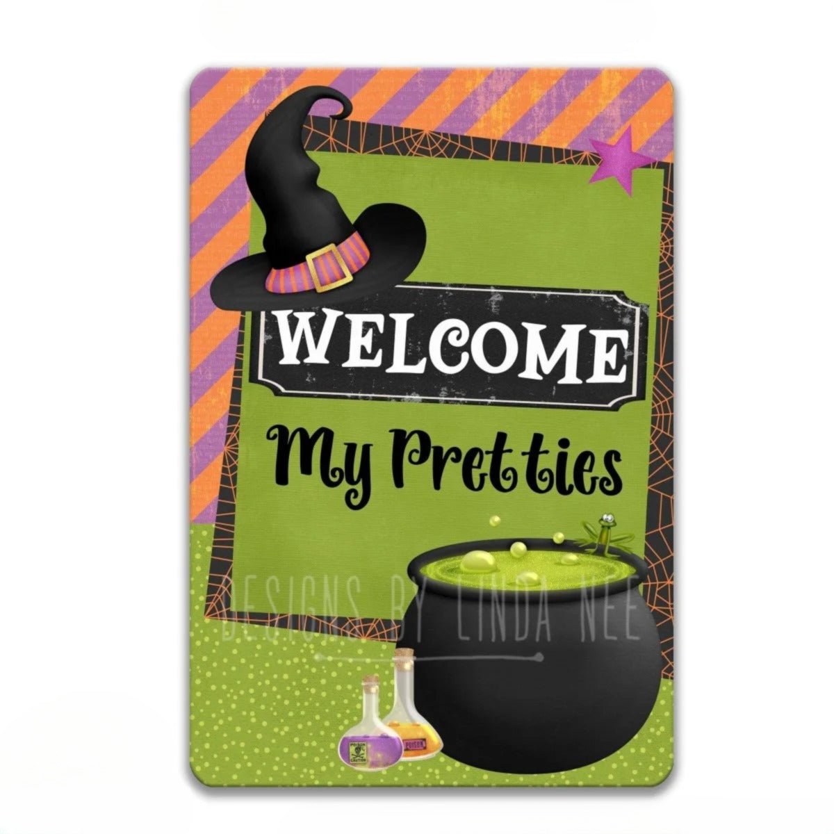 The image is a colorful and whimsical welcome sign featuring a witch's hat, a pot of bubbling green liquid, and various Halloween-themed elements.