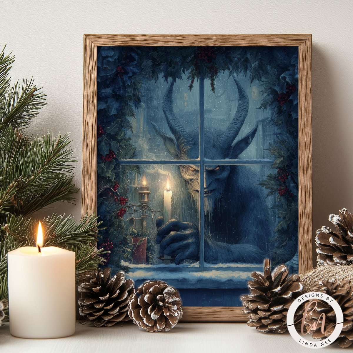 Krampus peering through a candlelit window surrounded by pine branches, gothic Christmas wall art