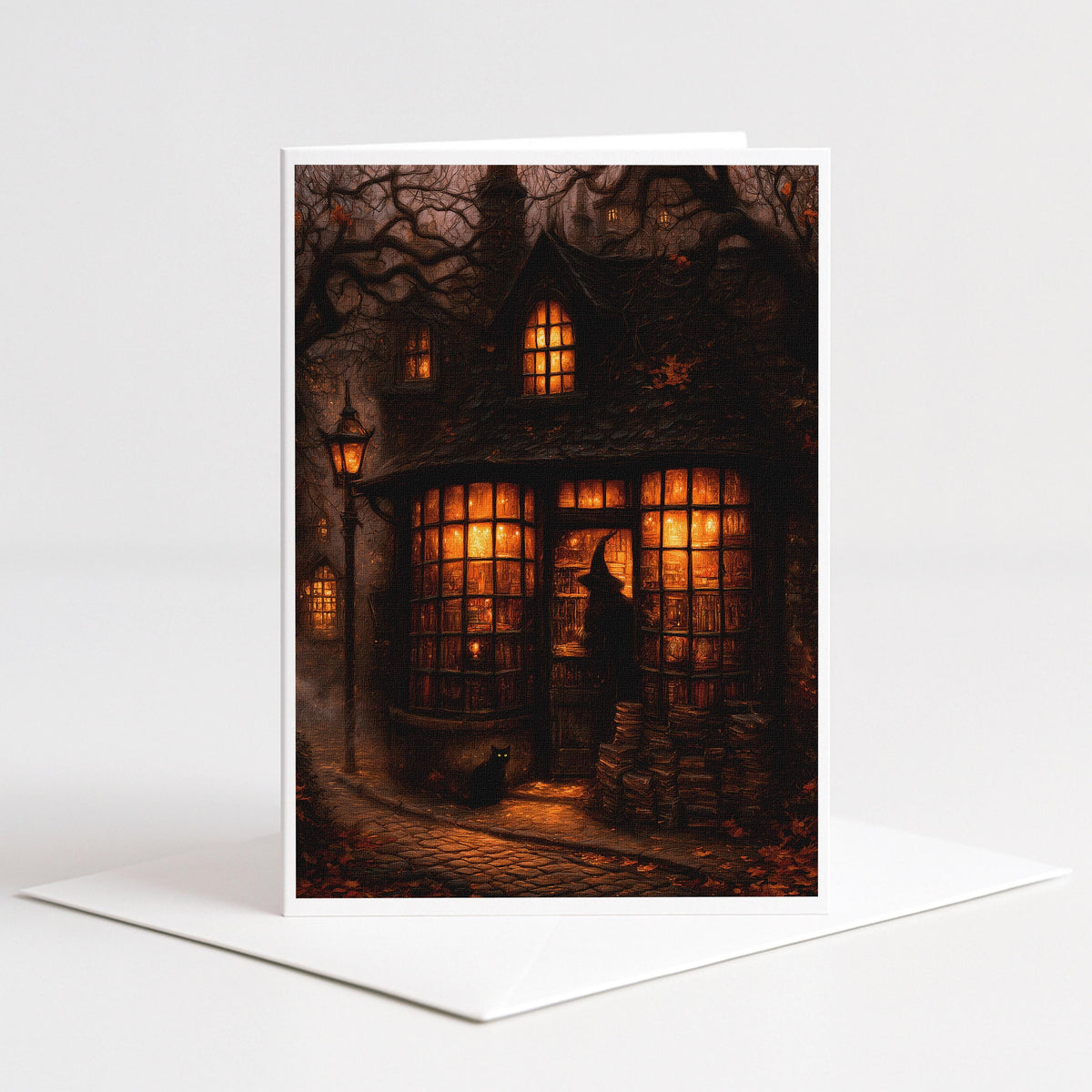 Haunted bookshop with witch silhouette and black cat on a 5x7 blank note card by Designs by Linda Nee
