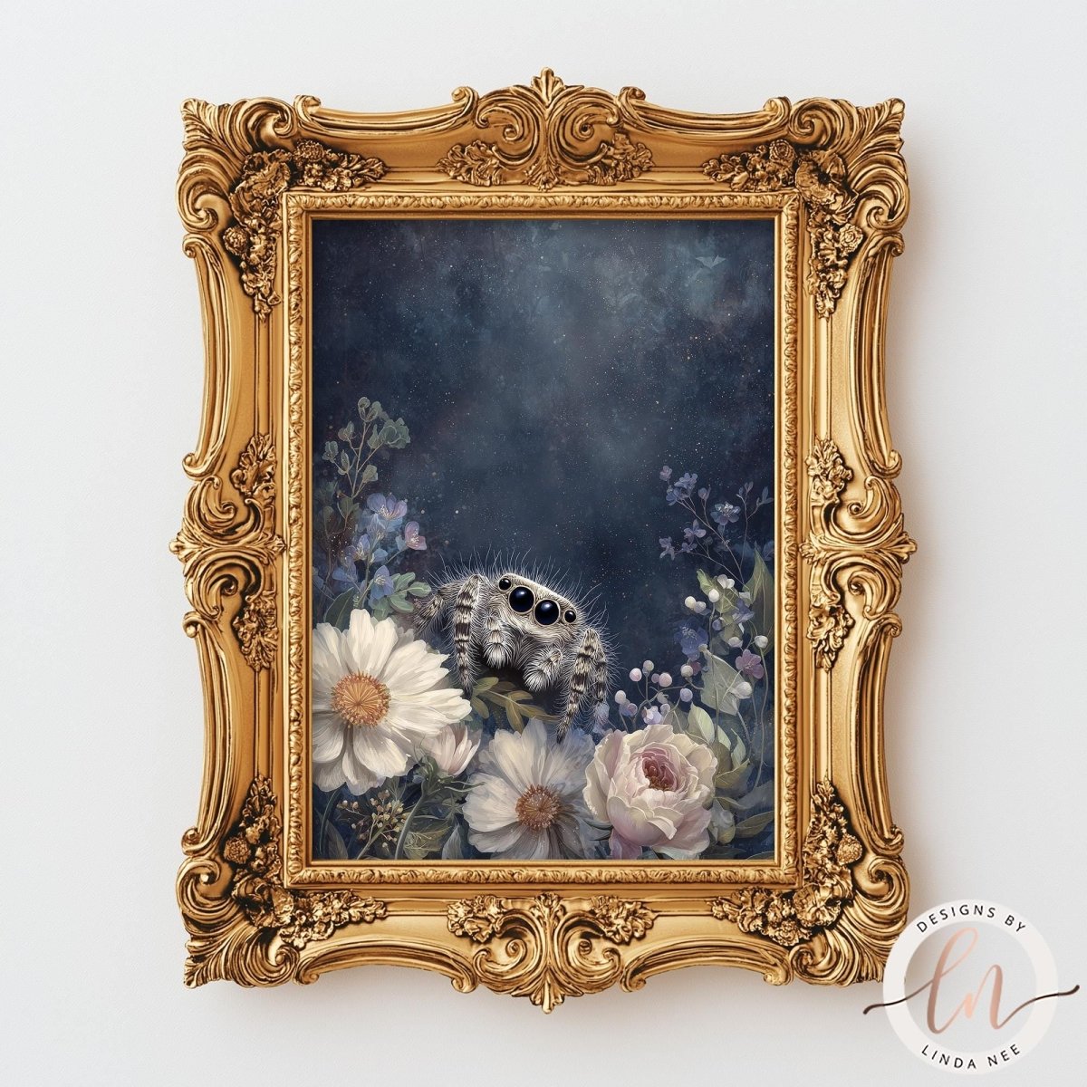 a painting of a spider sitting amidst a floral arrangement, with a dark blue background and white and pink flowers.
