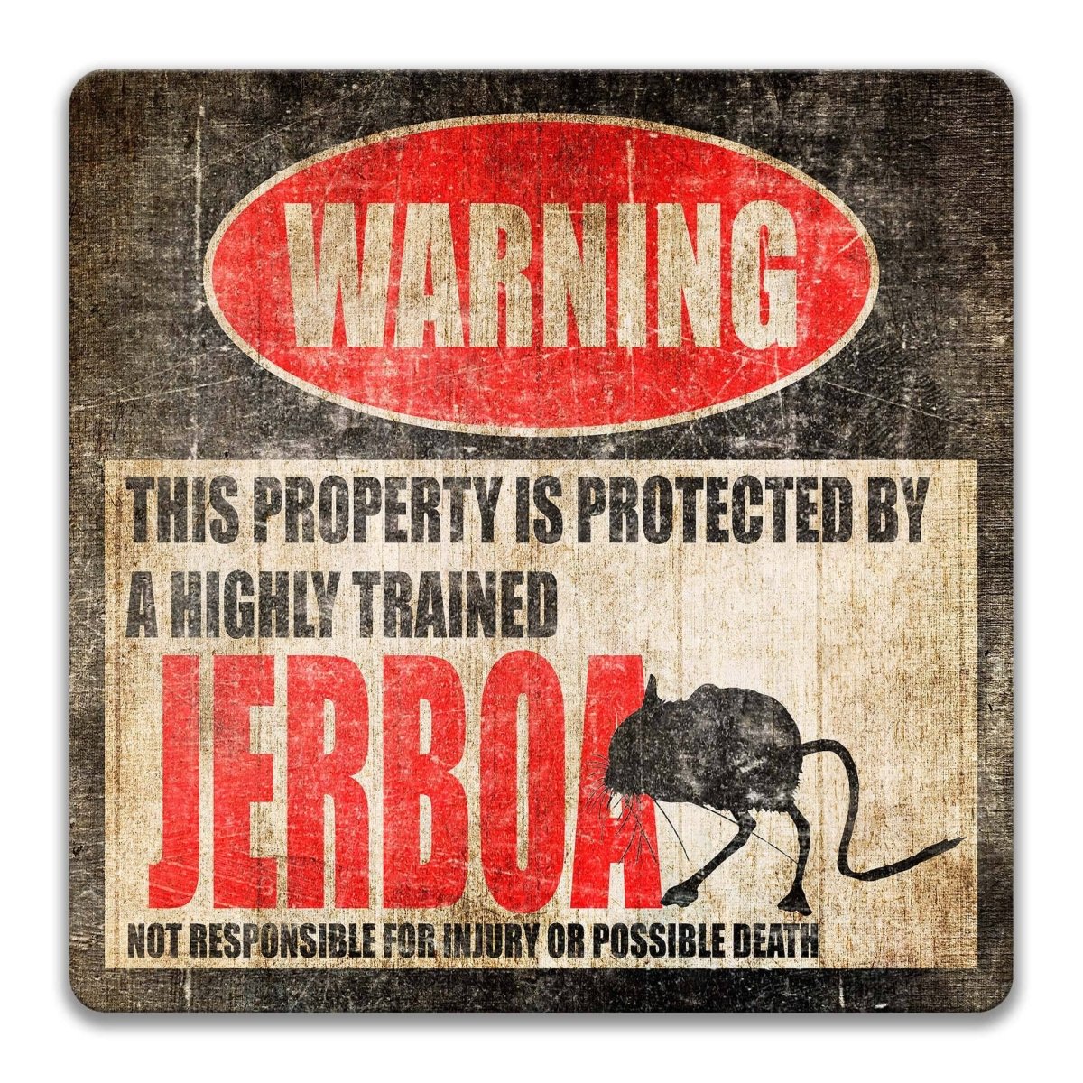 Jerboa warning metal sign, glossy black, red WARNING oval and long-legged jerboa silhouette