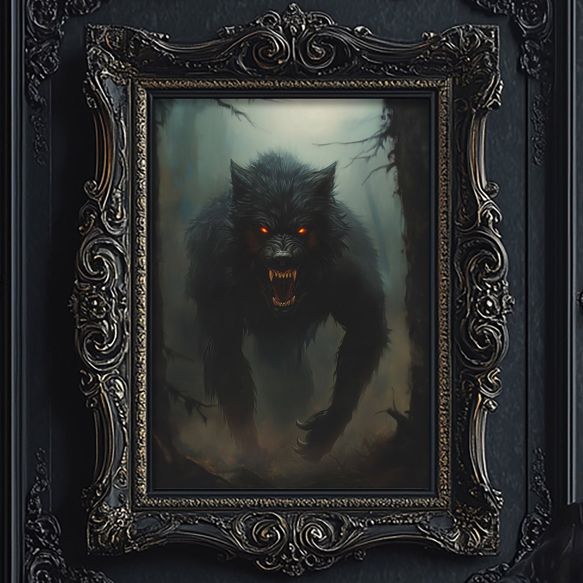 A fierce, black wolf with glowing red eyes and an open mouth, appearing to be growling or roaring, is the central focus of the image.