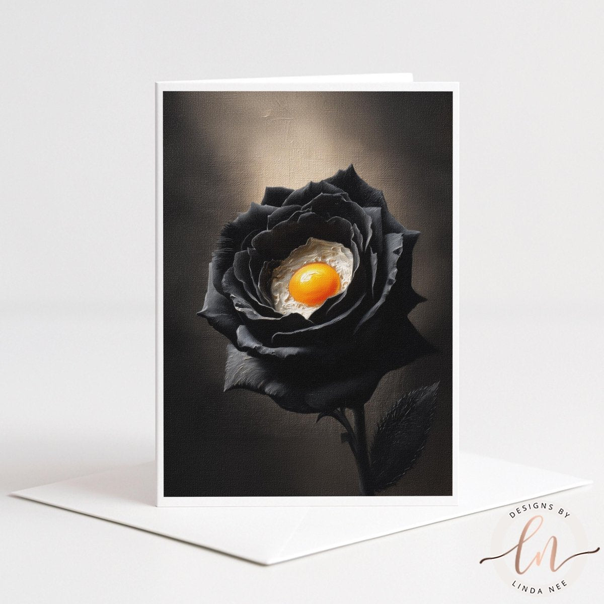 A black rose with an egg yolk in the center, creating a striking contrast between the dark petals and the bright yolk.