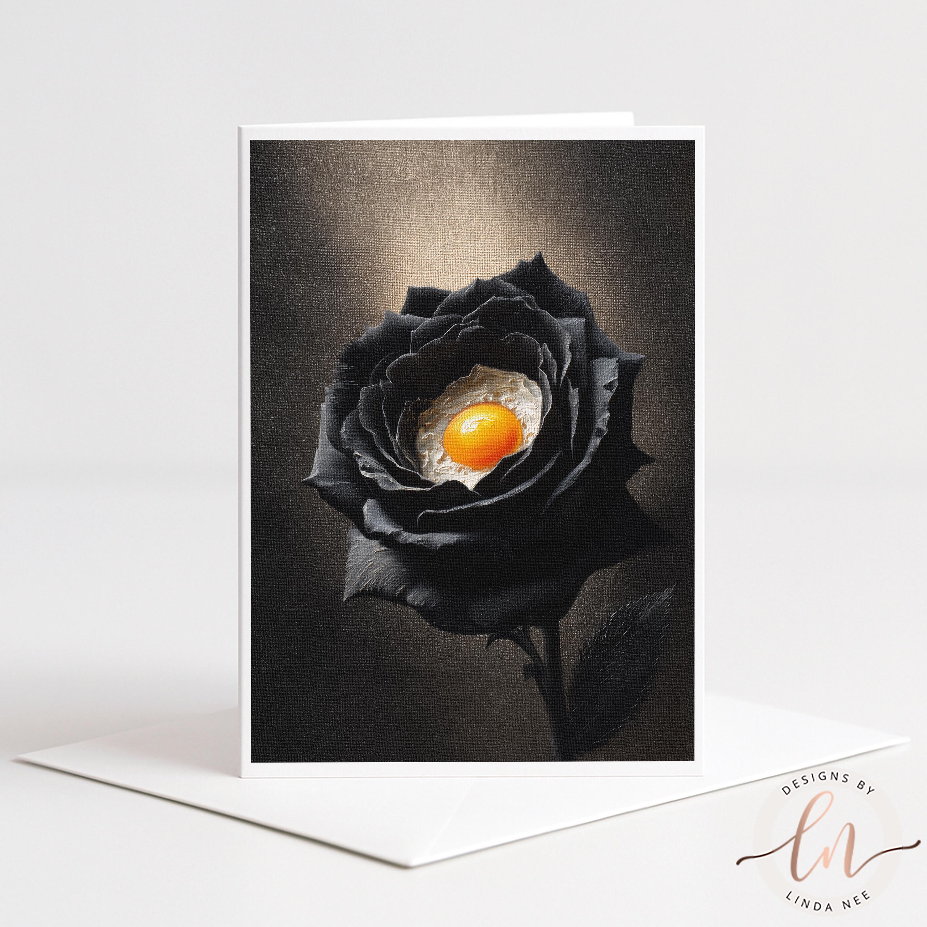 A black rose with an egg yolk in the center, creating a striking contrast between the dark petals and the bright yolk.