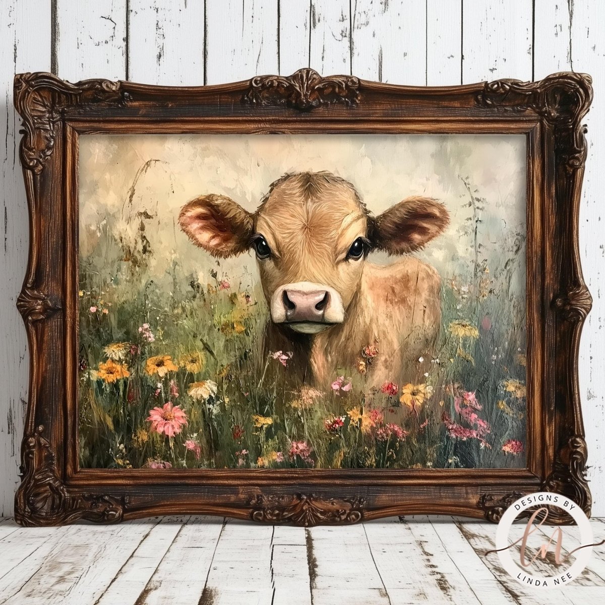 A painting of a cow standing in a field of flowers, with a wooden frame surrounding the artwork.