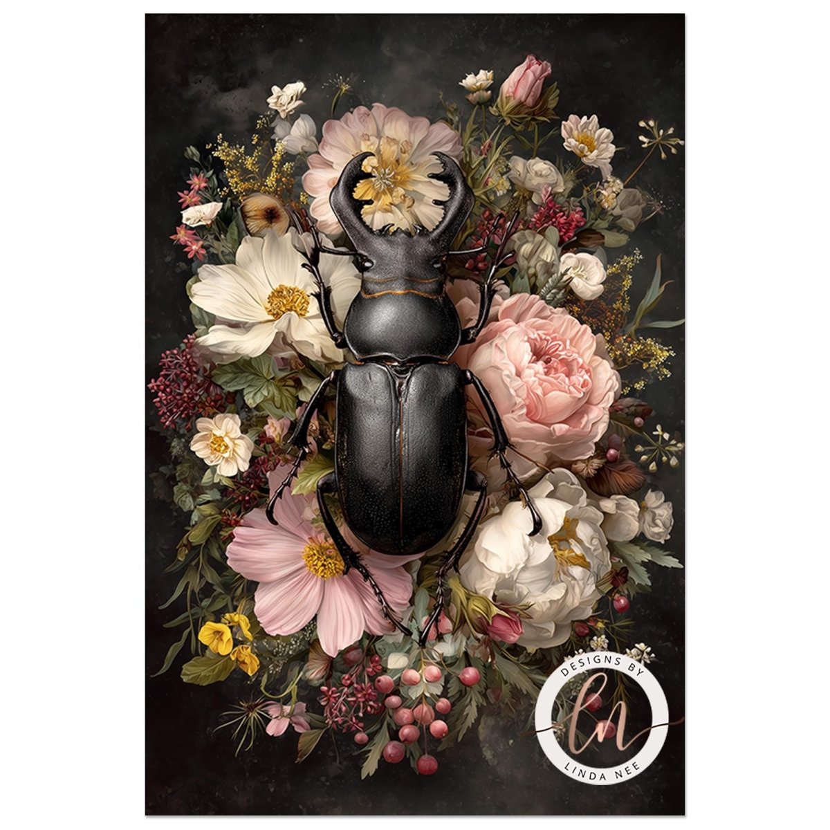 A detailed illustration of a large black beetle surrounded by a vibrant floral arrangement, including white and pink flowers, as well as other colorful blooms.