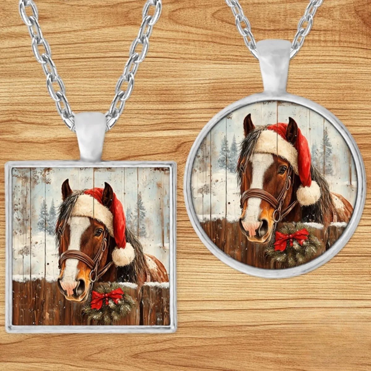 Christmas Horse in a Santa Hat pendant necklace shown in round and square silver charm styles on a wood background