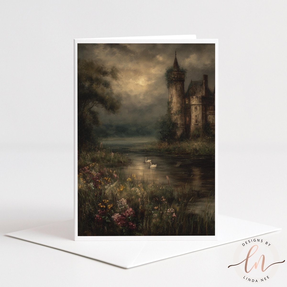 A painting of a castle surrounded by a moat, with two swans floating on the water. The castle is situated on a hill, and the sky is filled with clouds, creating a dramatic and atmospheric scene.