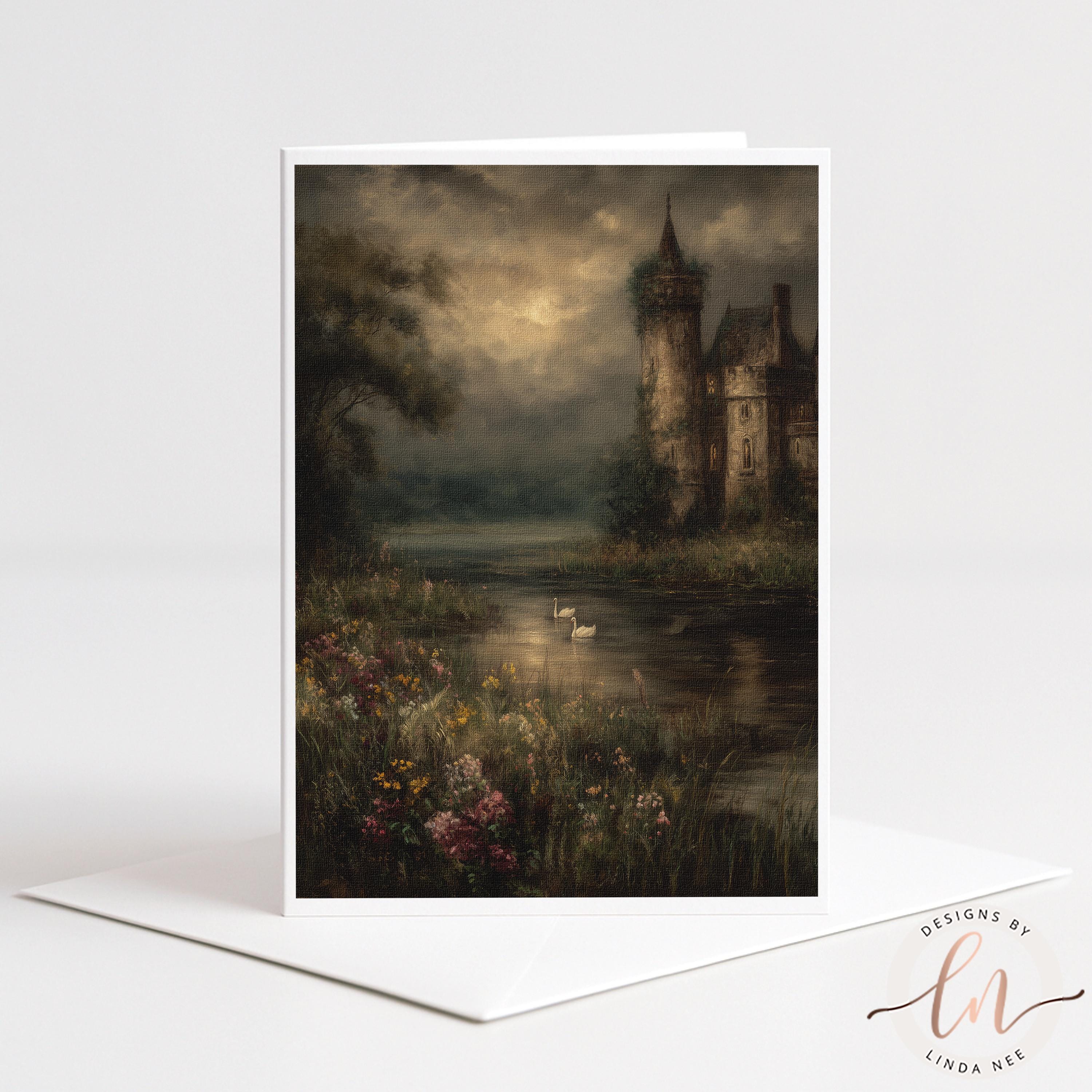 A painting of a castle surrounded by a moat, with two swans floating on the water. The castle is situated on a hill, and the sky is filled with clouds, creating a dramatic and atmospheric scene.