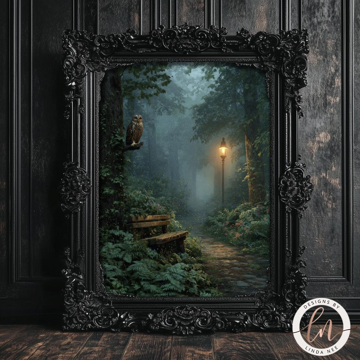 A black ornate frame containing a painting of a forest path with a glowing lantern, surrounded by lush greenery and a misty atmosphere.